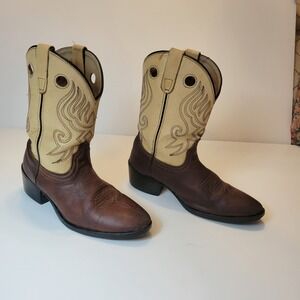 Pocono Western Cowboy Boots Kids Size 2.5 Brown Cream Leather C-1823